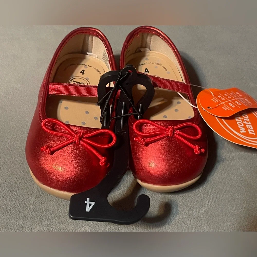 NWT Wonder Nation Baby Girl Red Metallic Mary Jane Flats Bow Shoes Size 4 Infant